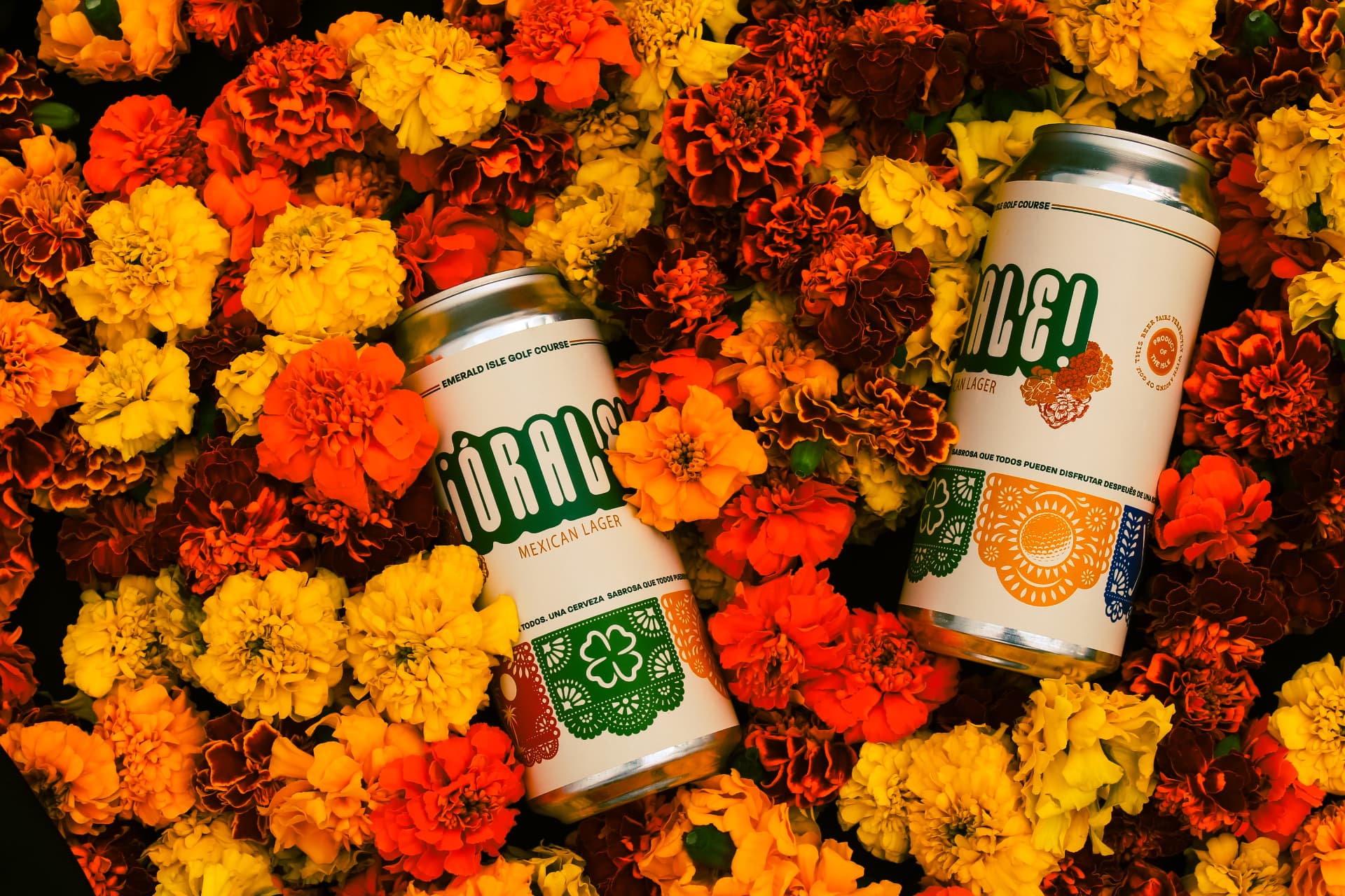 Overhead view of Órale beer cans surrounded by marigold blossoms
