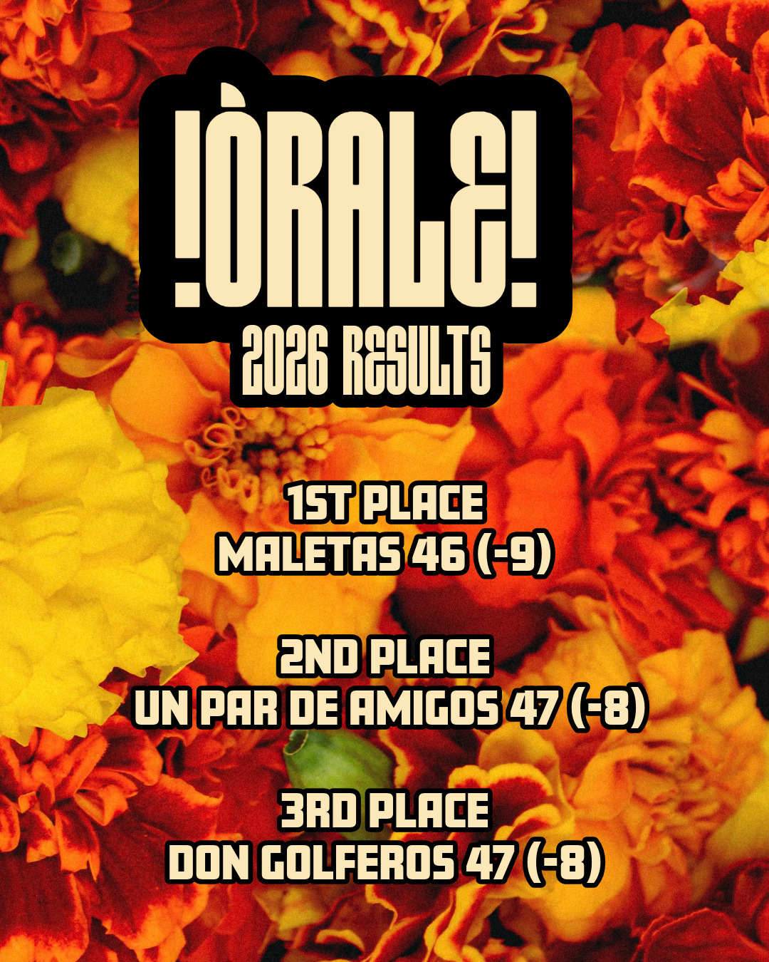 Órale 2026 results — 1st Maletas 46, 2nd Un Par de Amigos 47, 3rd Don Golferos 47